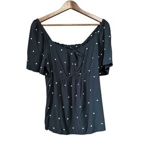 LOFT Black Polka Dot Smocked Square Neck Off Shoulder‎ Flutter Sleeve Top L